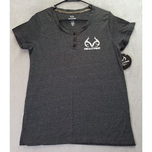 Real Tree T Shirt Top Women Size Large Gray Cotton Short Sleeve Henley Neck Logo